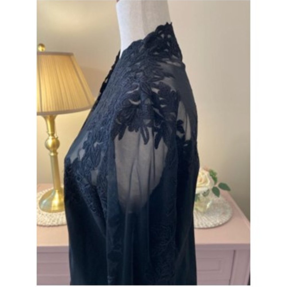 White House Black Market Sheer Lace-Accent Black Blouse - Picture 9 of 10